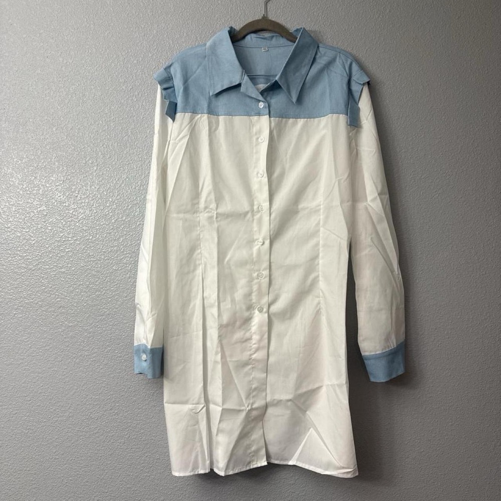 Women's Blue Combo White Shirt Dress for Woman Trendy Casual Long Sleeve Dress